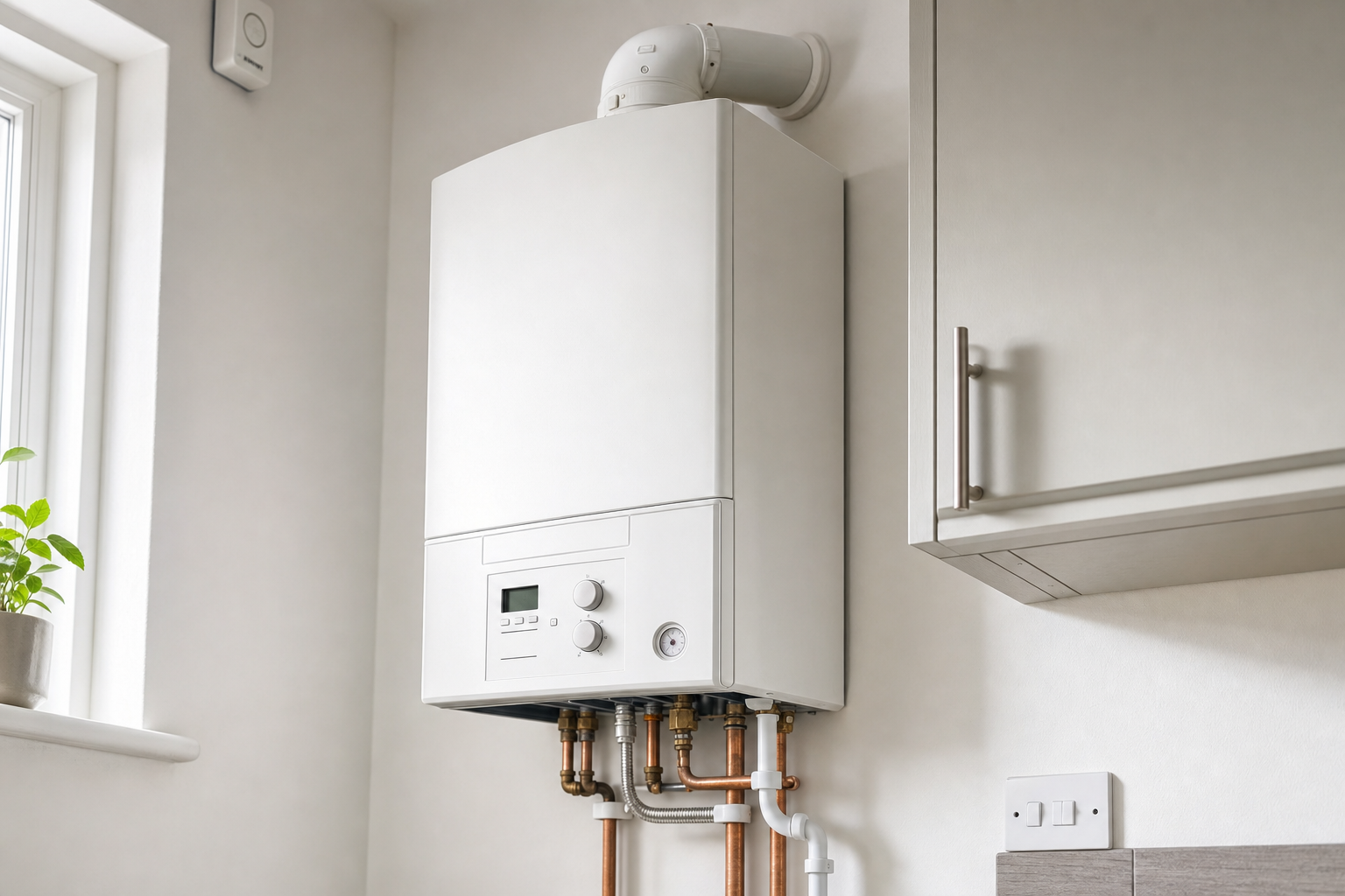 Wall-mounted white boiler with visible pipes and a window nearby.