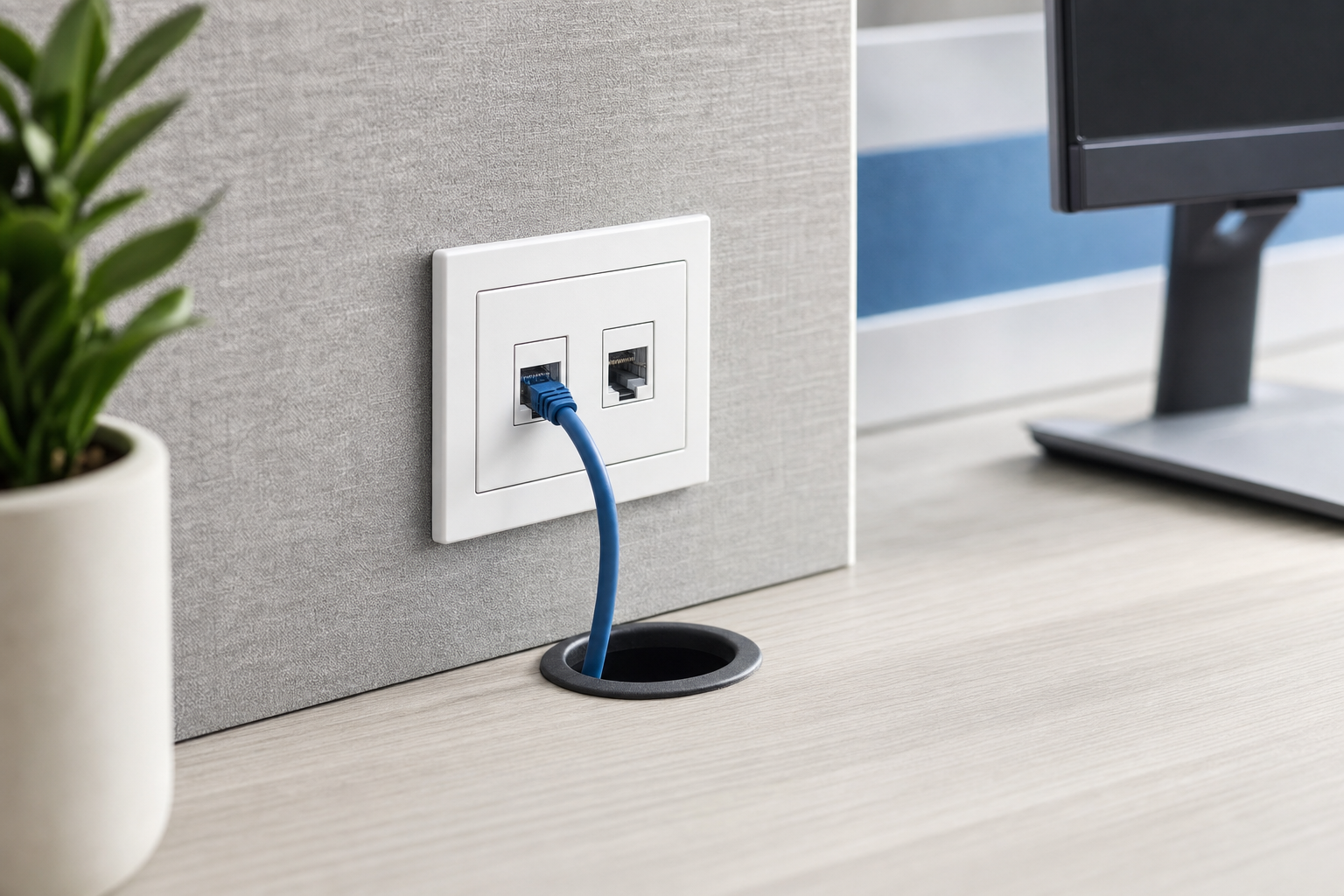 A blue Ethernet cable is plugged into a wall socket on a modern office desk with a monitor and a potted plant.