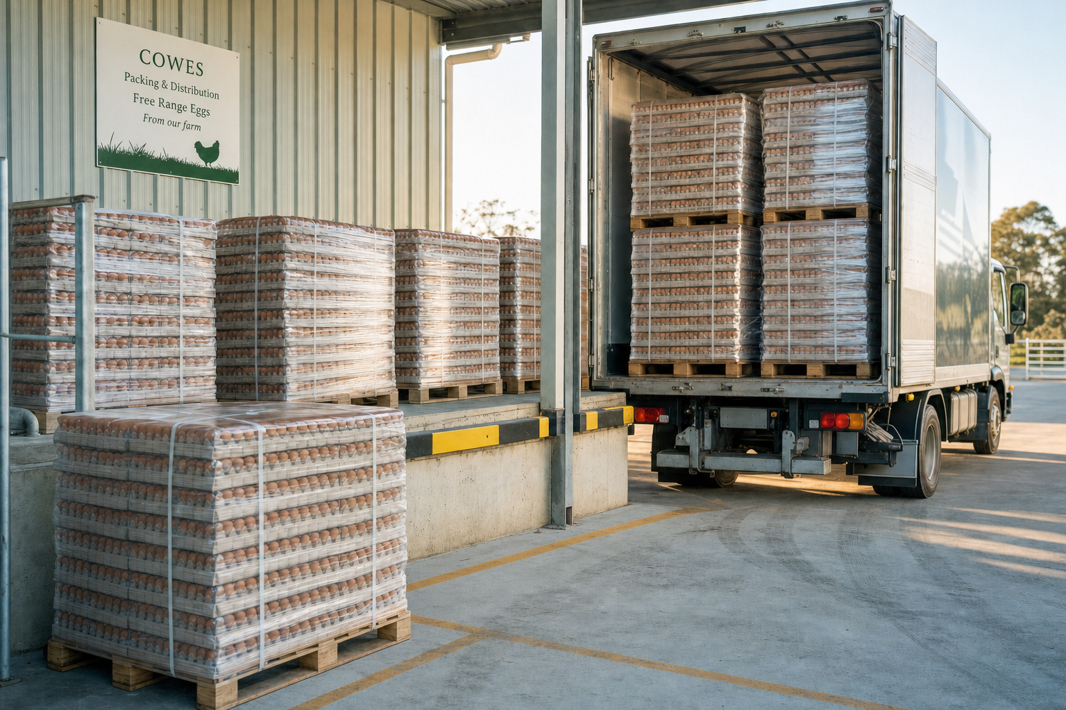 Lorry being loaded with pallets of packaged free-range eggs at a distribution centre.