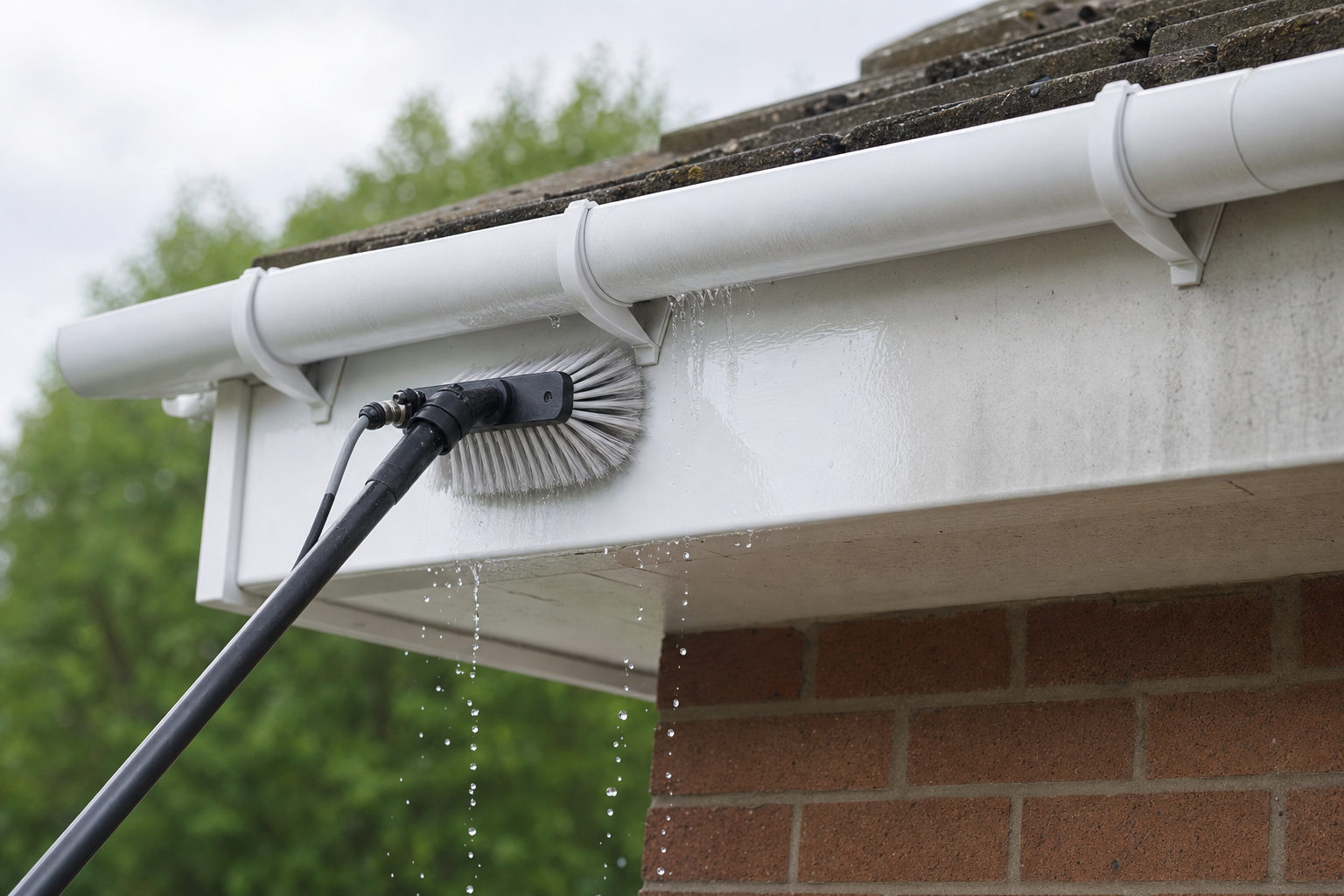 A brush with water jet cleans a house's white guttering, with water dripping down.