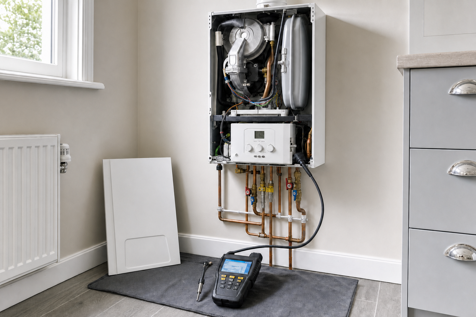 Wall-mounted boiler with exposed internals, a radiator, and a diagnostic tool on the floor nearby.