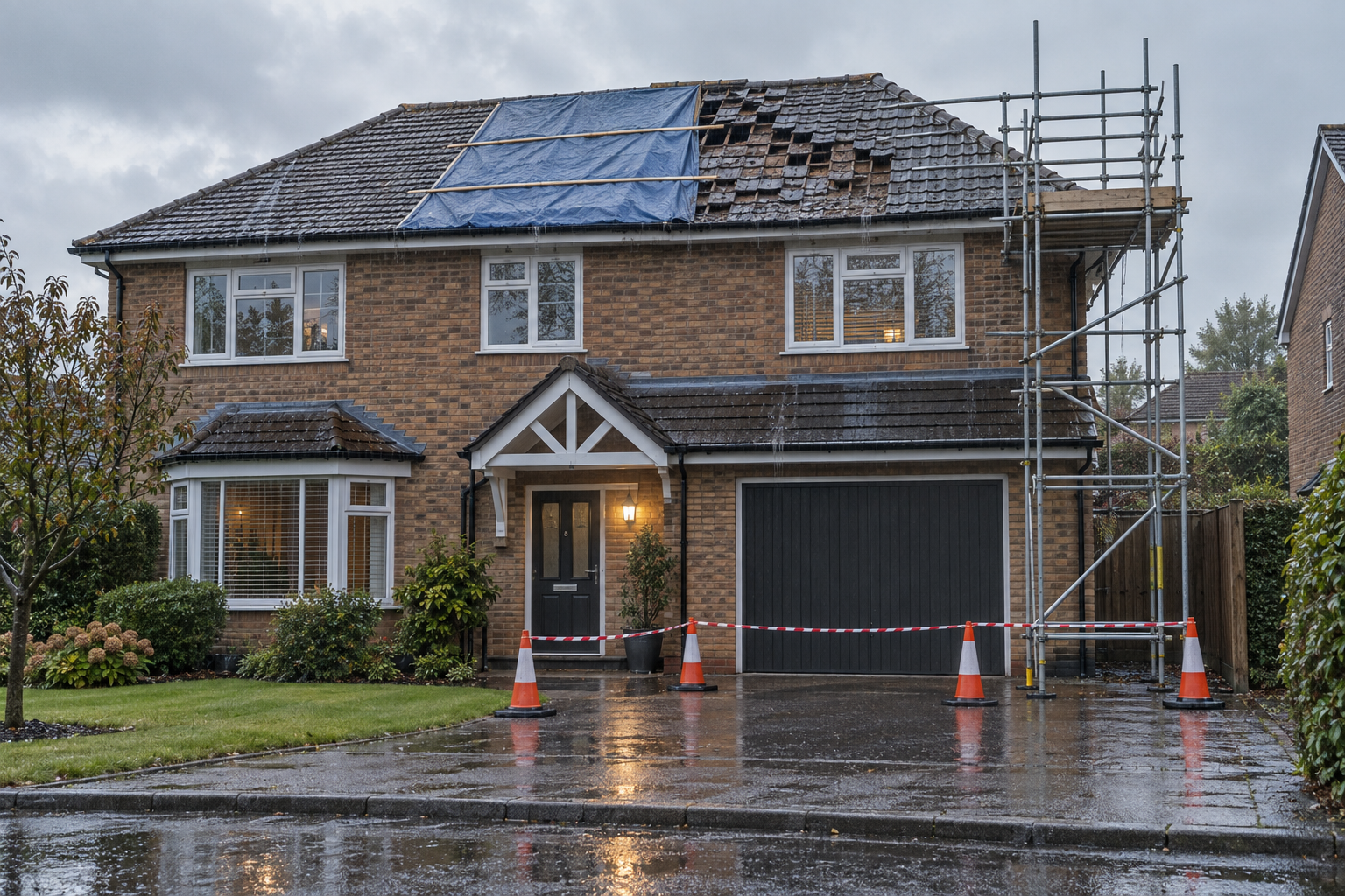 Scaffolding and tarpaulin cover roof repairs on a suburban brick house amidst rainy weather.