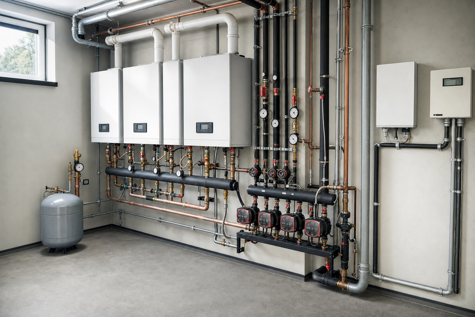 A modern boiler room with multiple white units, pipes, gauges, and a pressure tank against a grey wall.