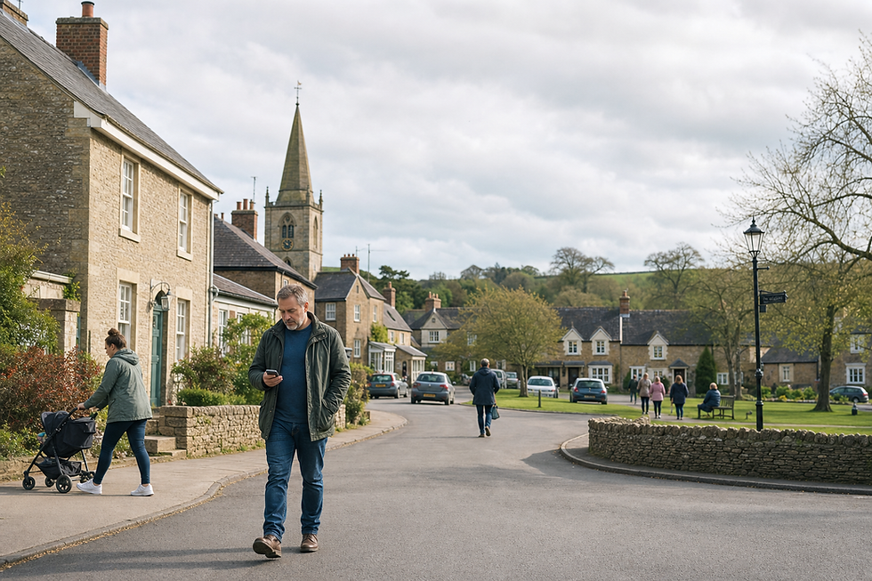 A man walks along a quaint village street while looking at his phone, with stone houses and a church in the background.