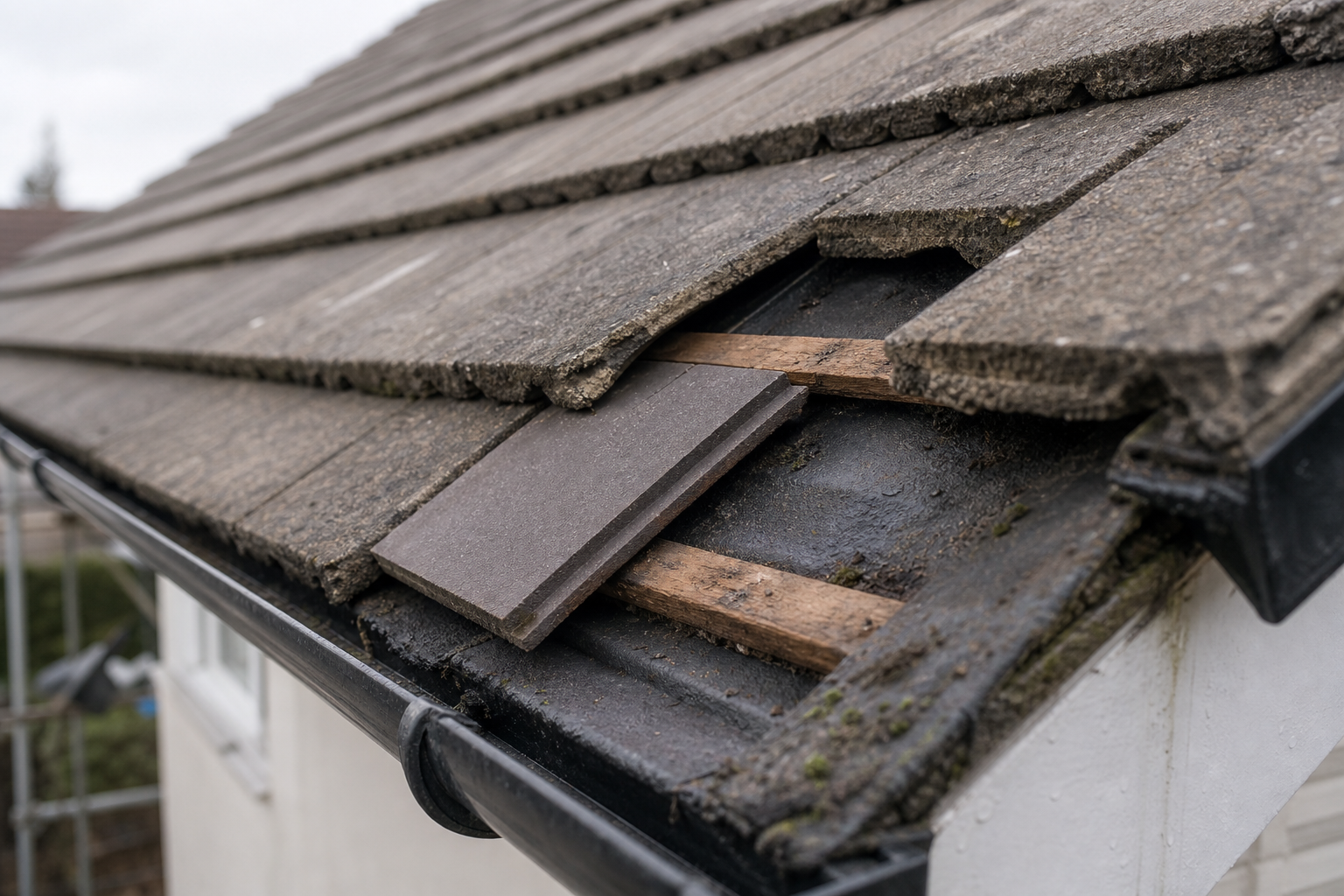 Damaged roof with missing and dislodged tiles reveals wooden battens and inner layers.