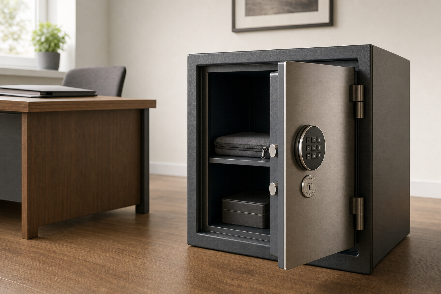 An open safe with a digital keypad in an office setting, containing a zippered pouch and a small box.