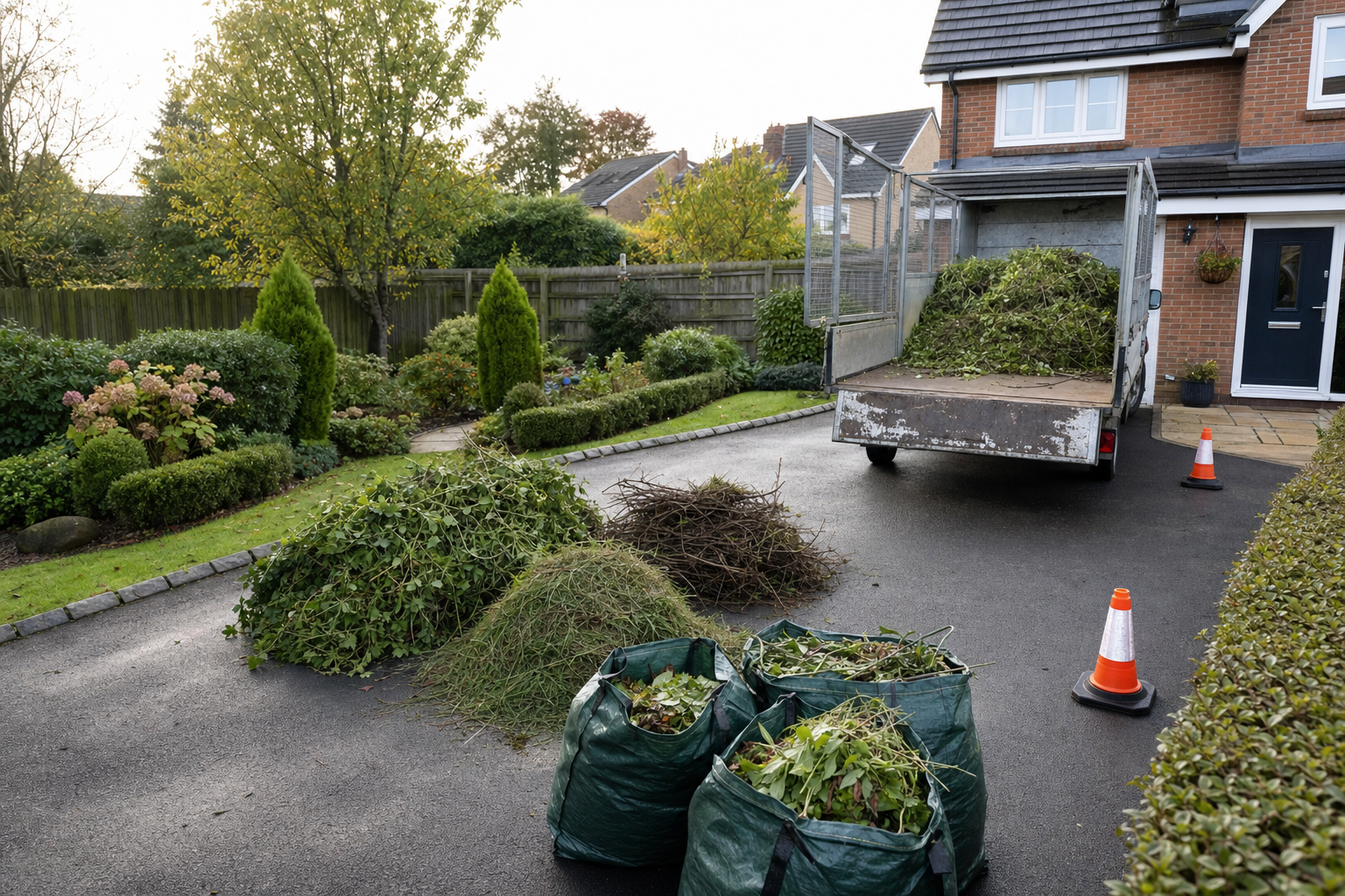 A truck with garden waste and filled bags on a driveway beside a well-maintained suburban garden.
