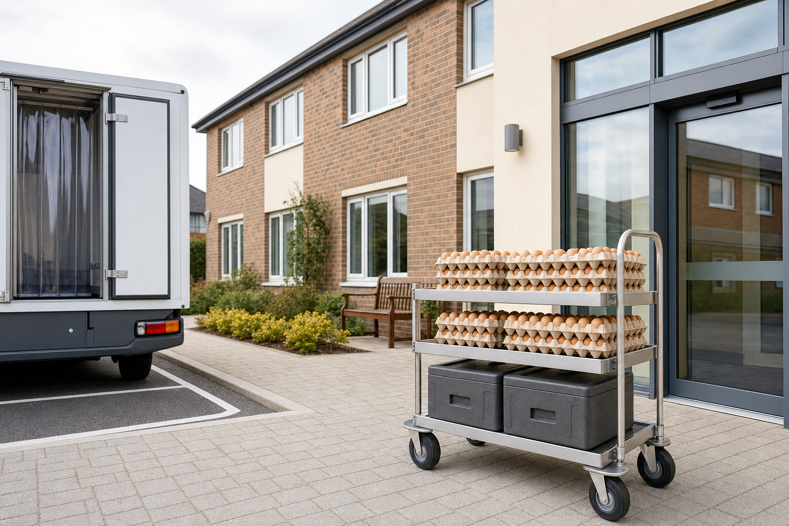 A cart loaded with trays of eggs and insulated boxes is placed outside a building next to a delivery van.