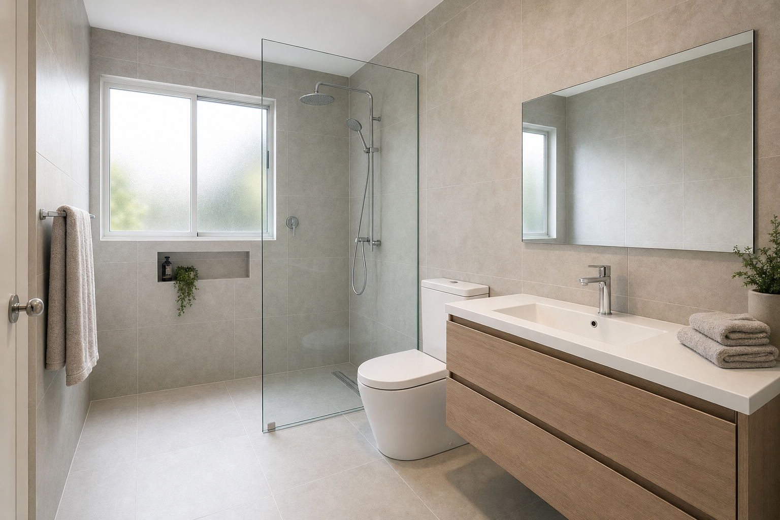 Modern bathroom with a glass shower, wall-mounted basin, and neutral tiles.