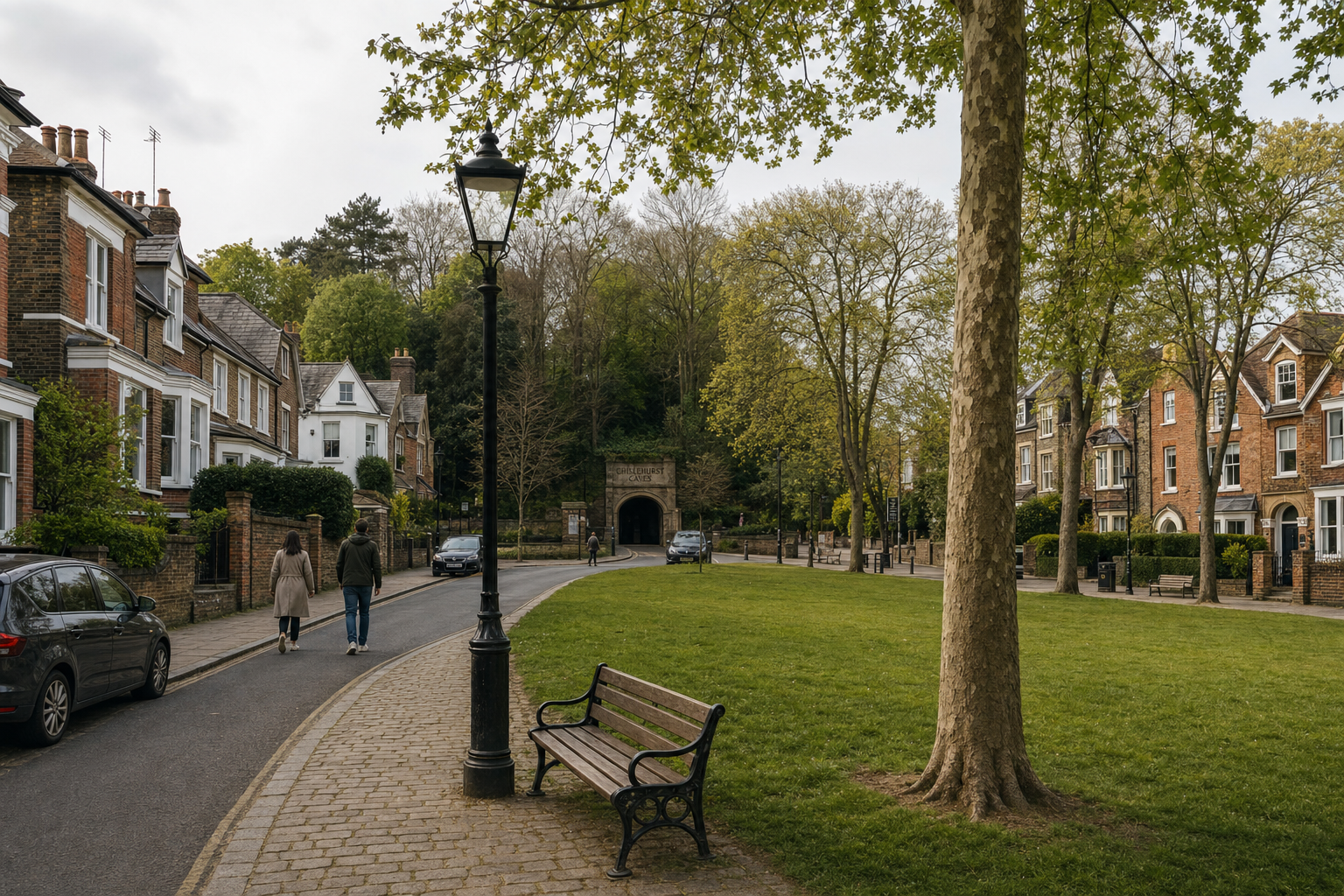 Tree-lined street with red-brick houses, a grassy area, and a couple walking towards a wooded entrance.