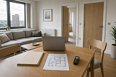 Laptop, floor plan, and laser measure on a wooden table in a modern living room with a view of city buildings.