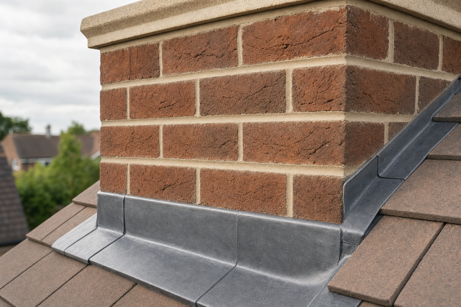 A brick chimney with lead flashing on a tiled roof against a cloudy sky background.