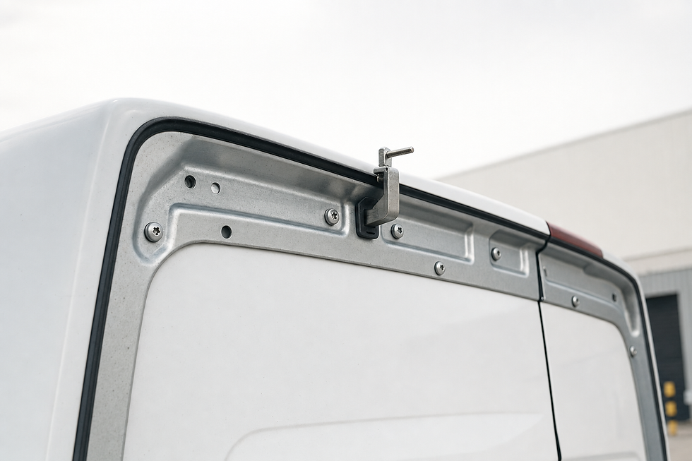 The rear of a white van with an exposed metal panel and a security lock installed.