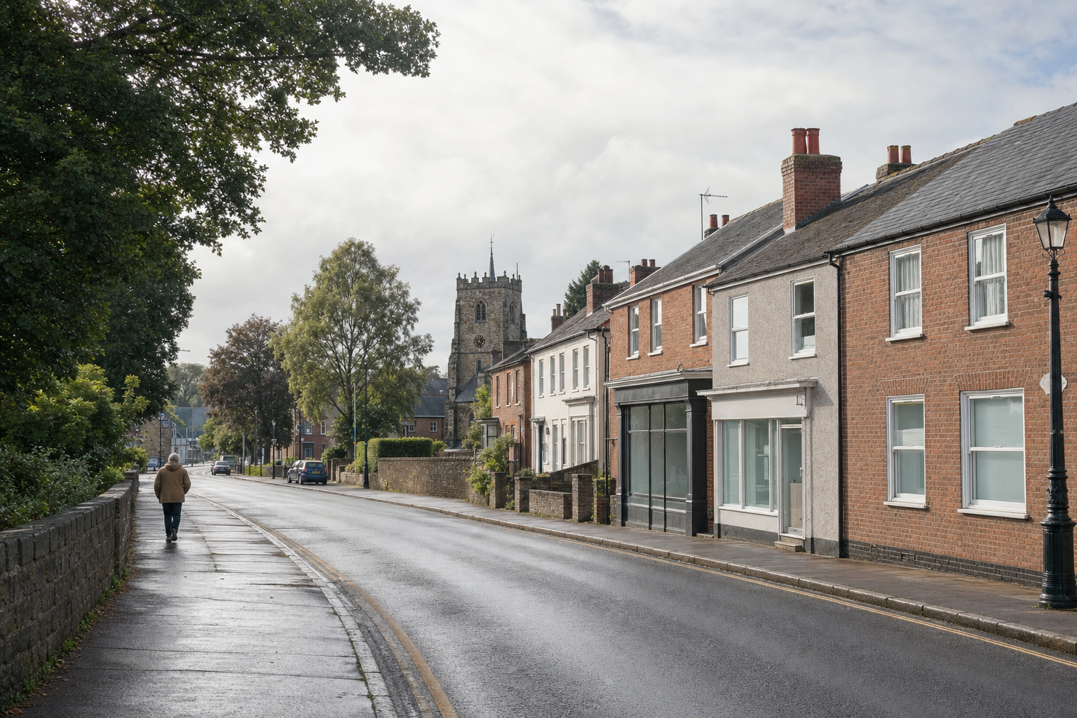 A quiet village street with a church tower in the distance and a person walking on the pavement.