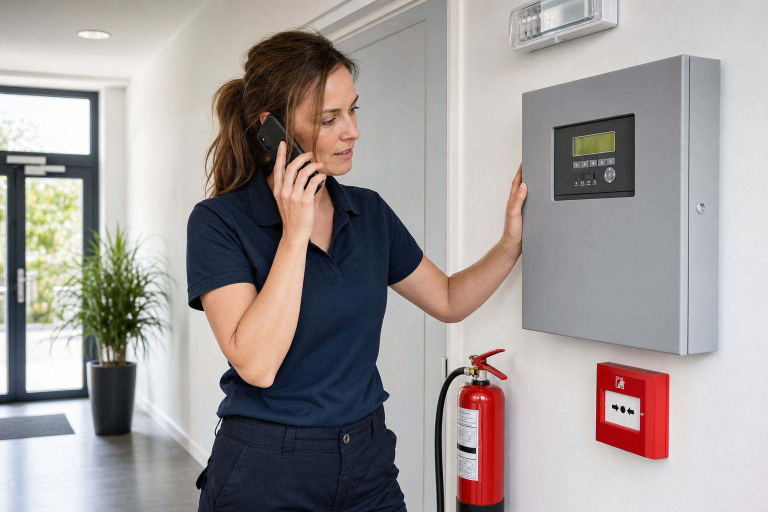 A woman talks on her phone while checking a fire alarm control panel in a corridor.