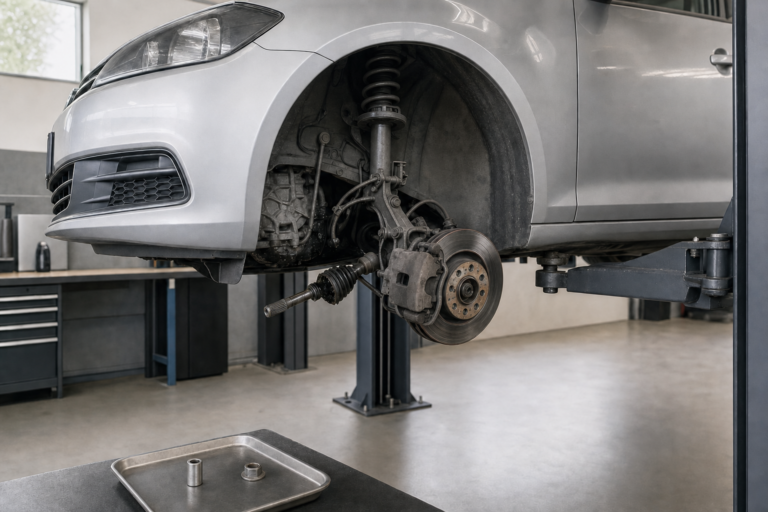 Car on a hydraulic lift with a removed front wheel in a garage workshop.
