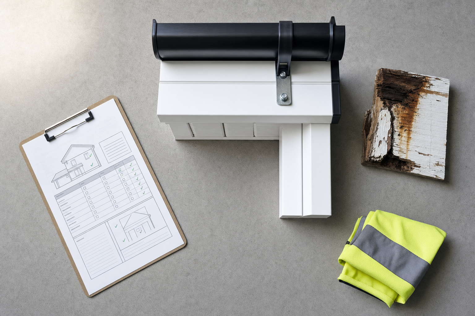 Architectural plans on a clipboard, alongside guttering model, decayed wood sample, and high-visibility clothing.