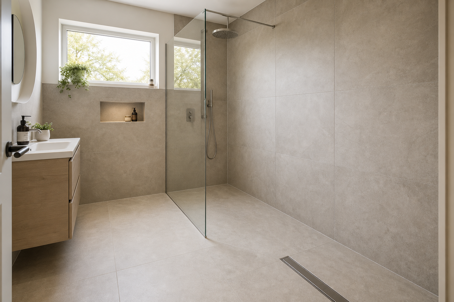 Spacious modern bathroom with a glass-enclosed shower, beige tiles, and a wooden vanity under a window with greenery.
