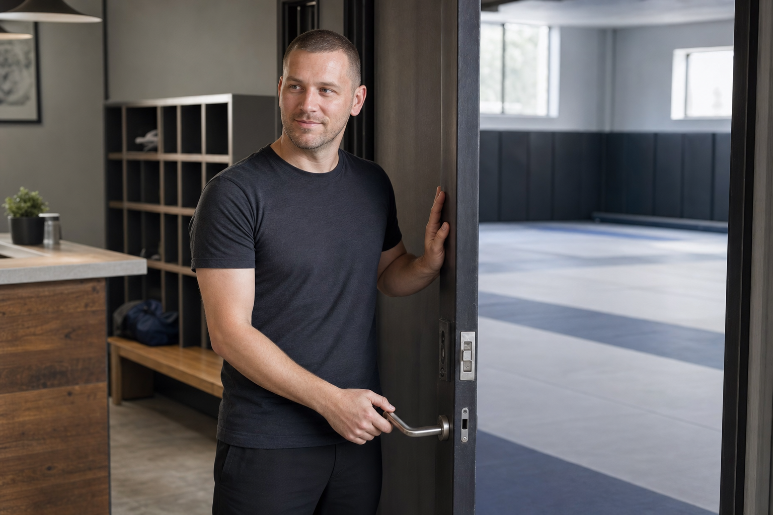 A man in a black T-shirt holds a door handle, standing in a modern room with large windows and empty shelving.