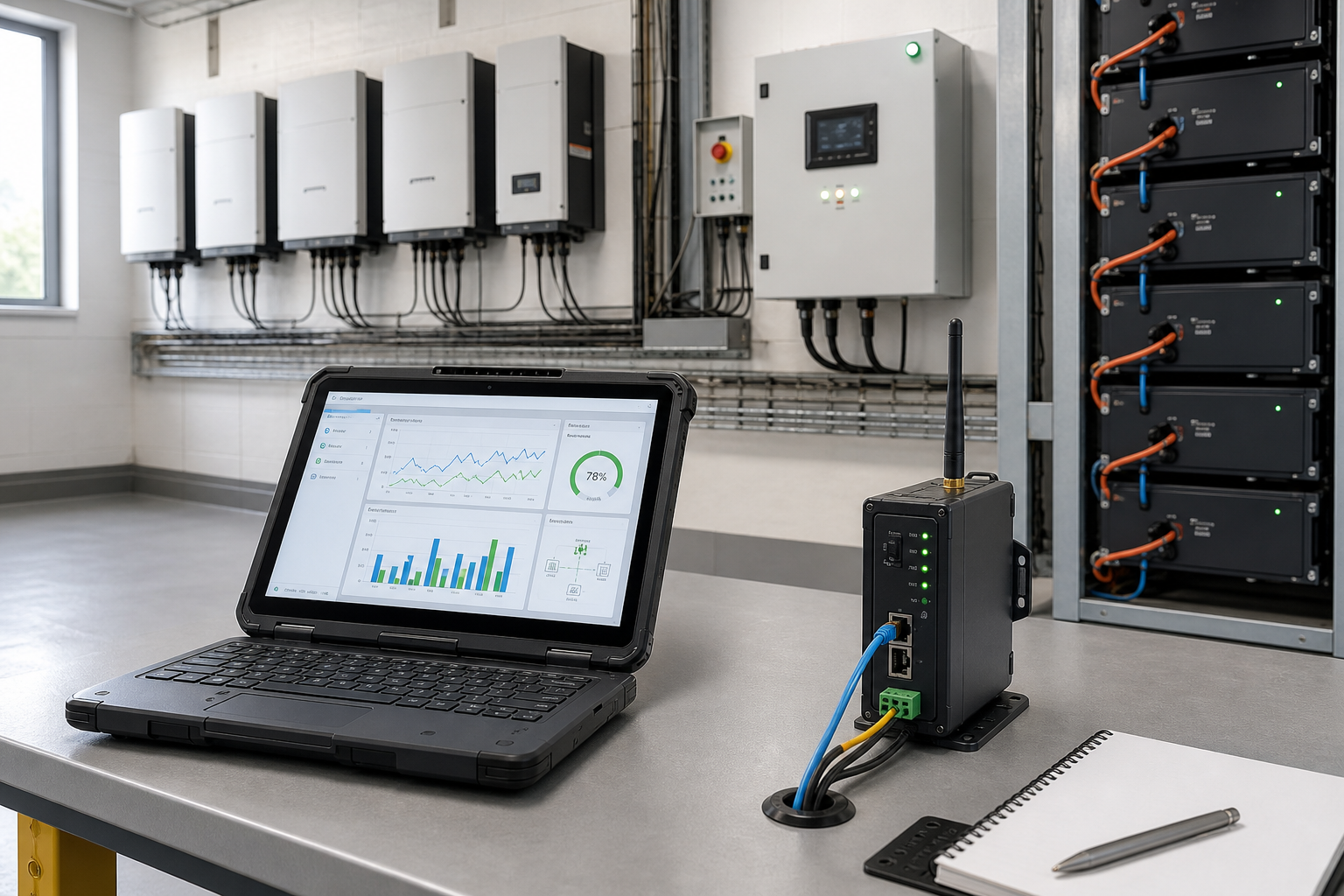Industrial control room with a laptop displaying data analytics and connected equipment.