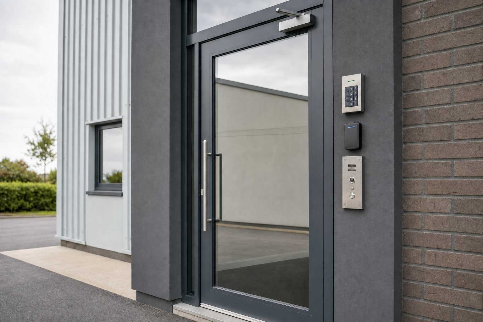 Modern commercial entrance with a large glass door and keypad access system alongside grey walls.