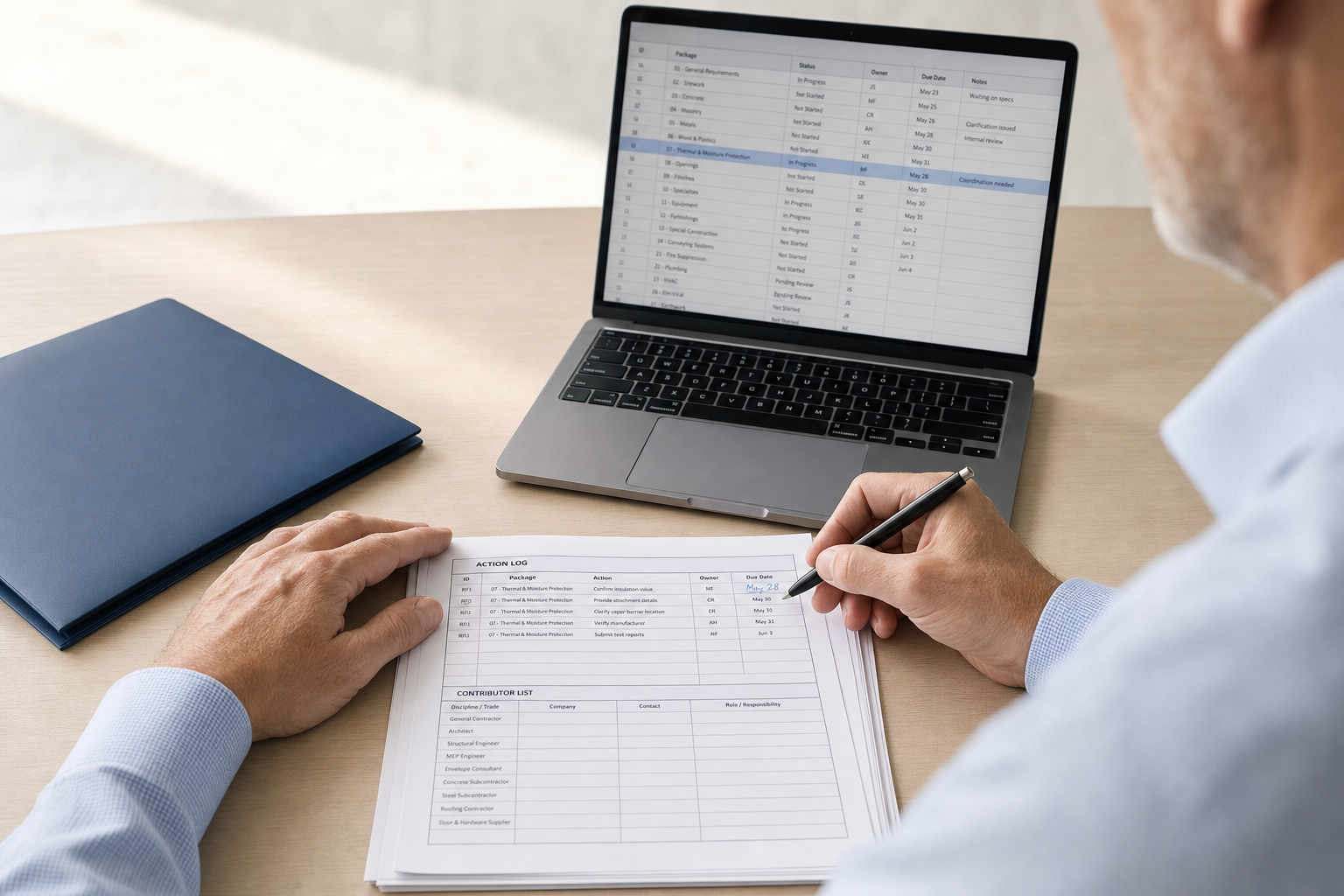 Person reviewing action logs on paper and spreadsheet data on a laptop.