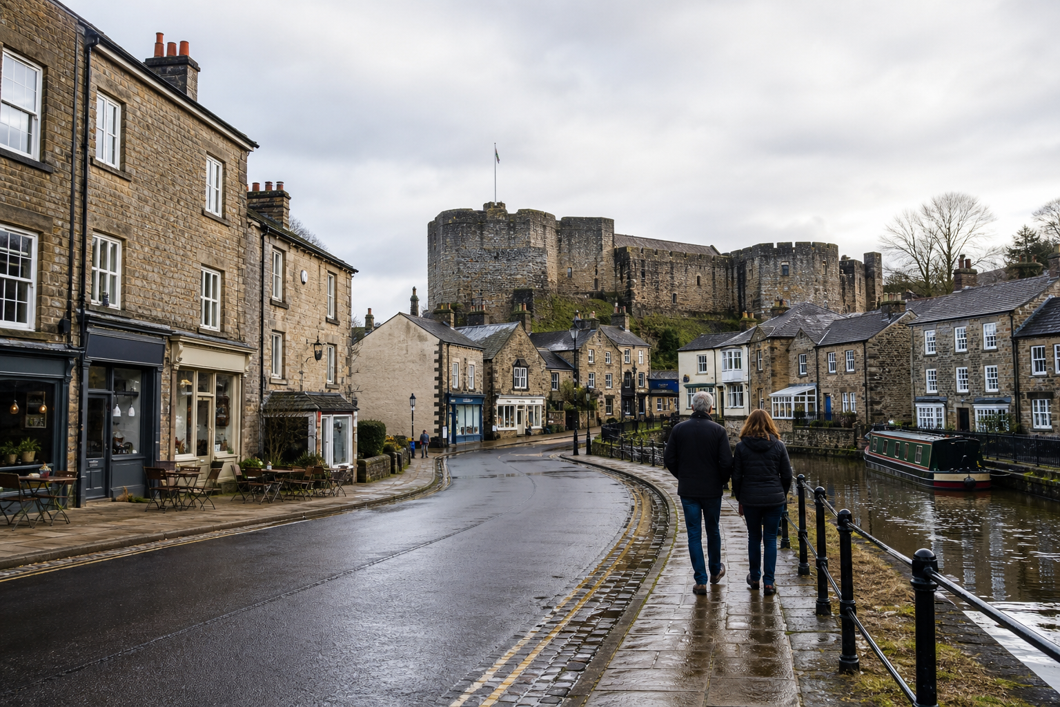 A couple walks along a wet cobblestone street with a stone castle and canal in the background.