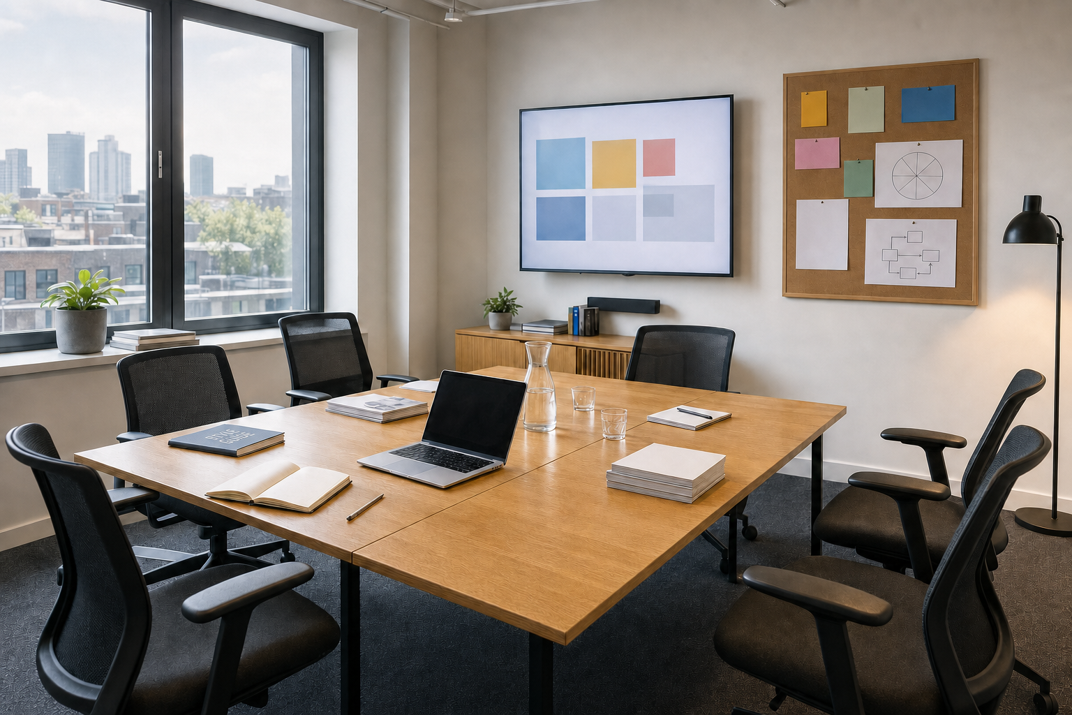 A modern conference room with a wooden table, chairs, a laptop, and a window view of a cityscape.