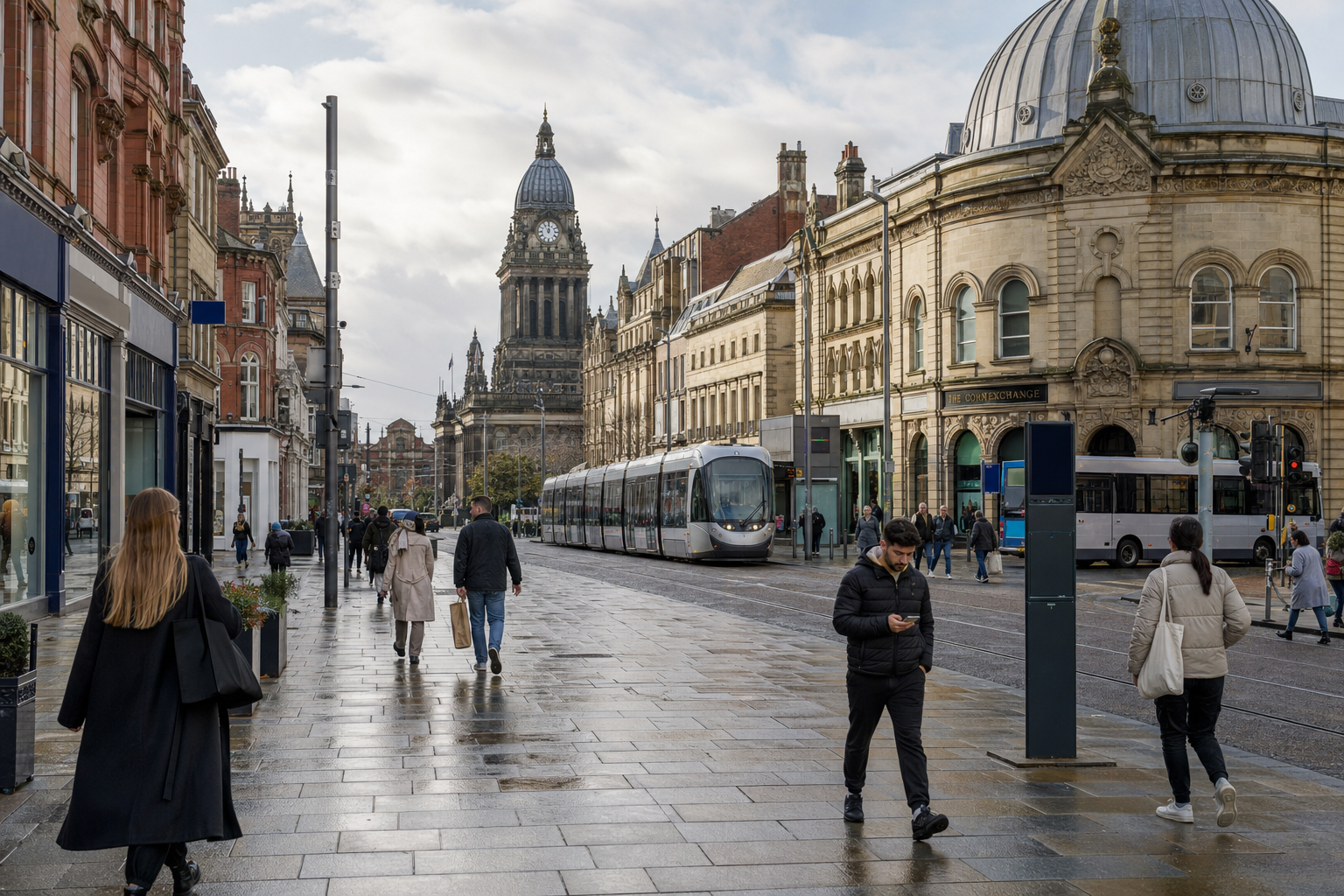 Tram and pedestrians on a busy city street with historic architecture in the background.