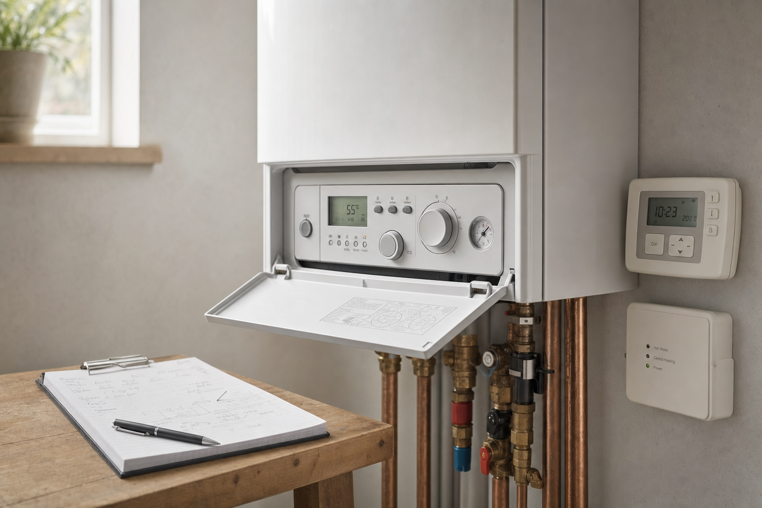 Wall-mounted boiler with open control panel next to a digital thermostat and clipboard on wooden table.