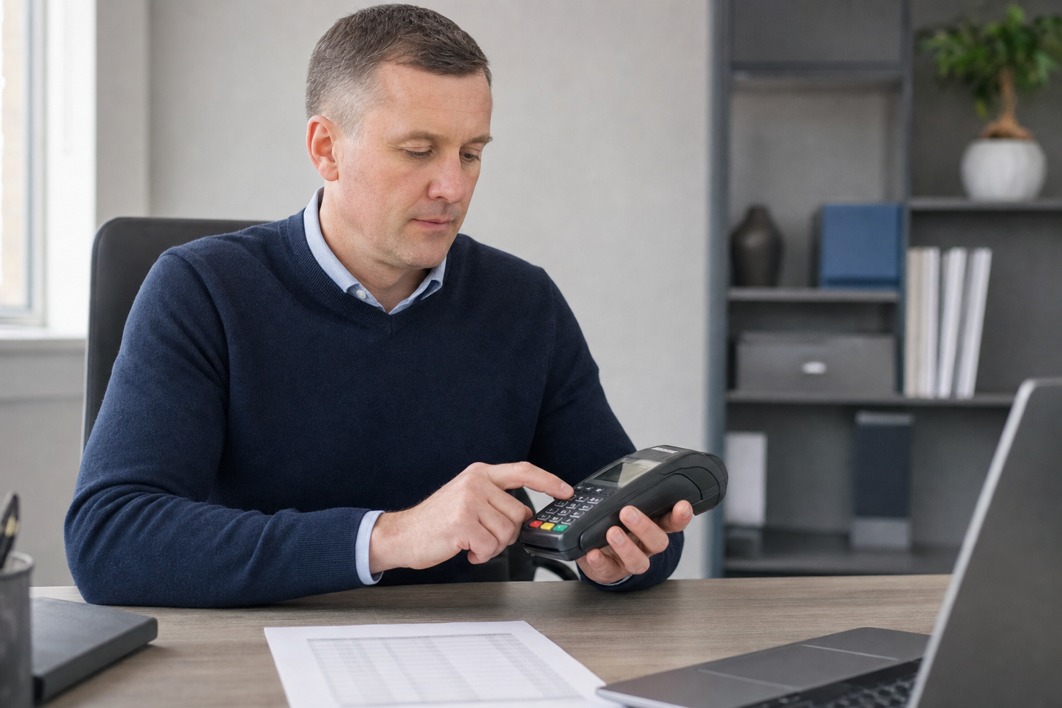 Man in an office setting using a card payment terminal at a desk with documents and a laptop.