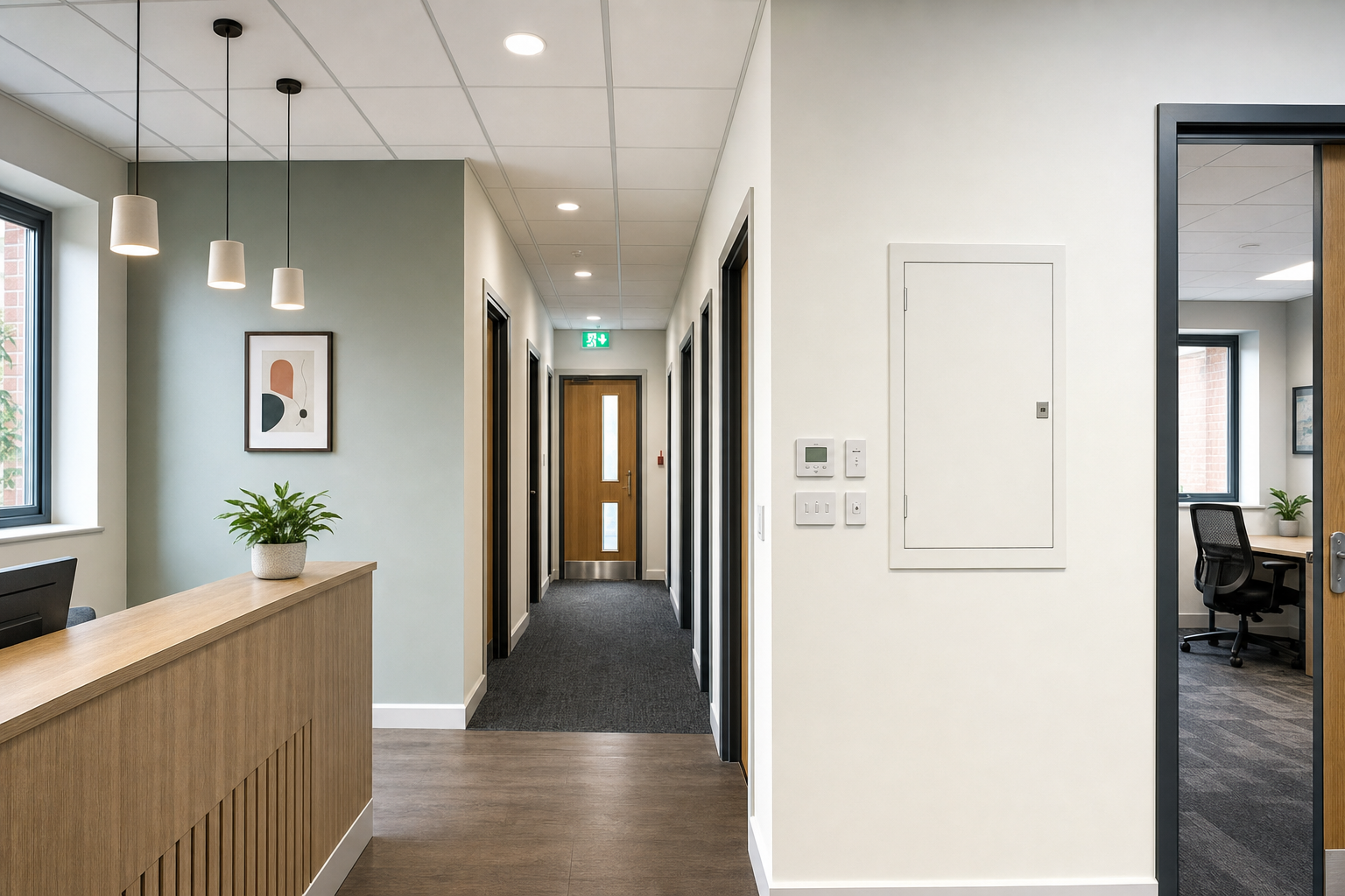 Modern office corridor with wood accents, plants, and art on the walls, leading to a doorway.