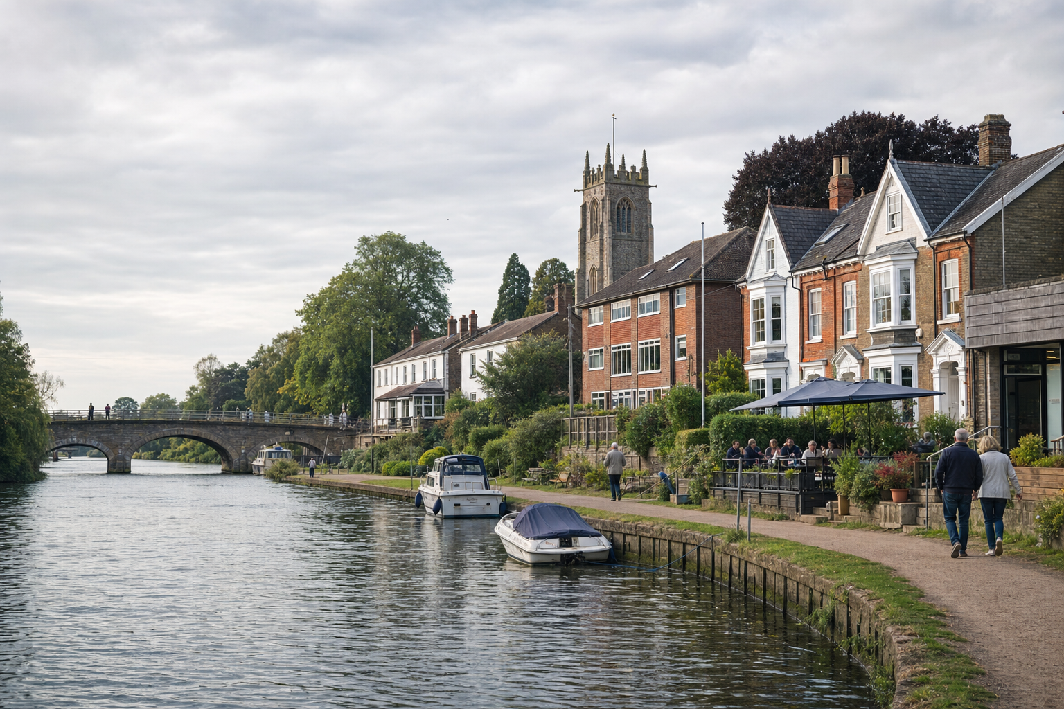 Riverside scene with boats, a stone bridge, historic buildings, and people walking along a paved path.