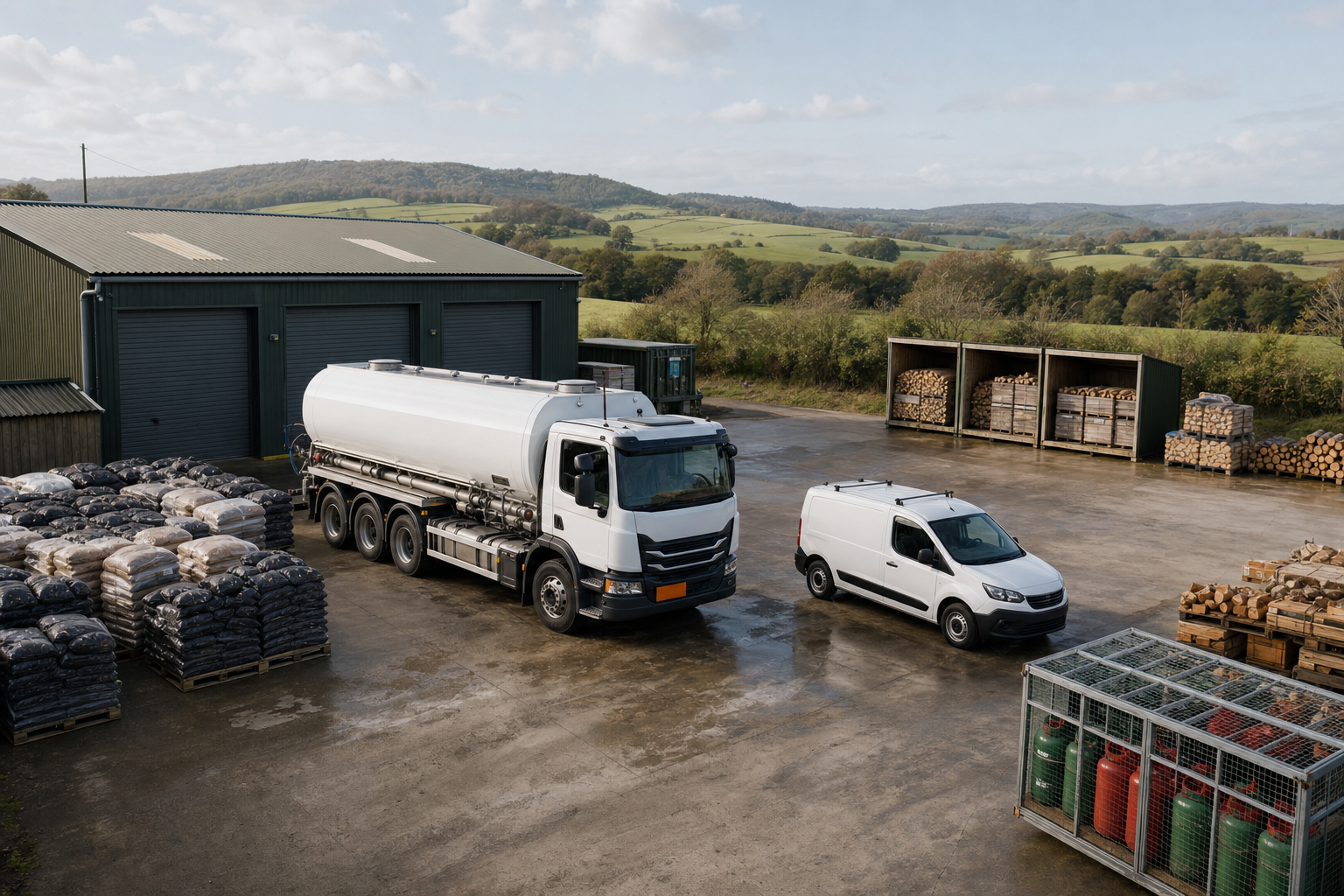 Large tanker and white van parked at a rural storage facility with hills in the background.