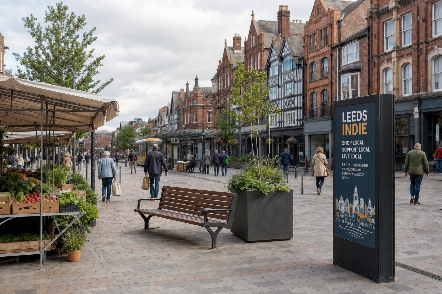 A bustling street in Leeds with a market stall, pedestrians, and a sign promoting local shopping.