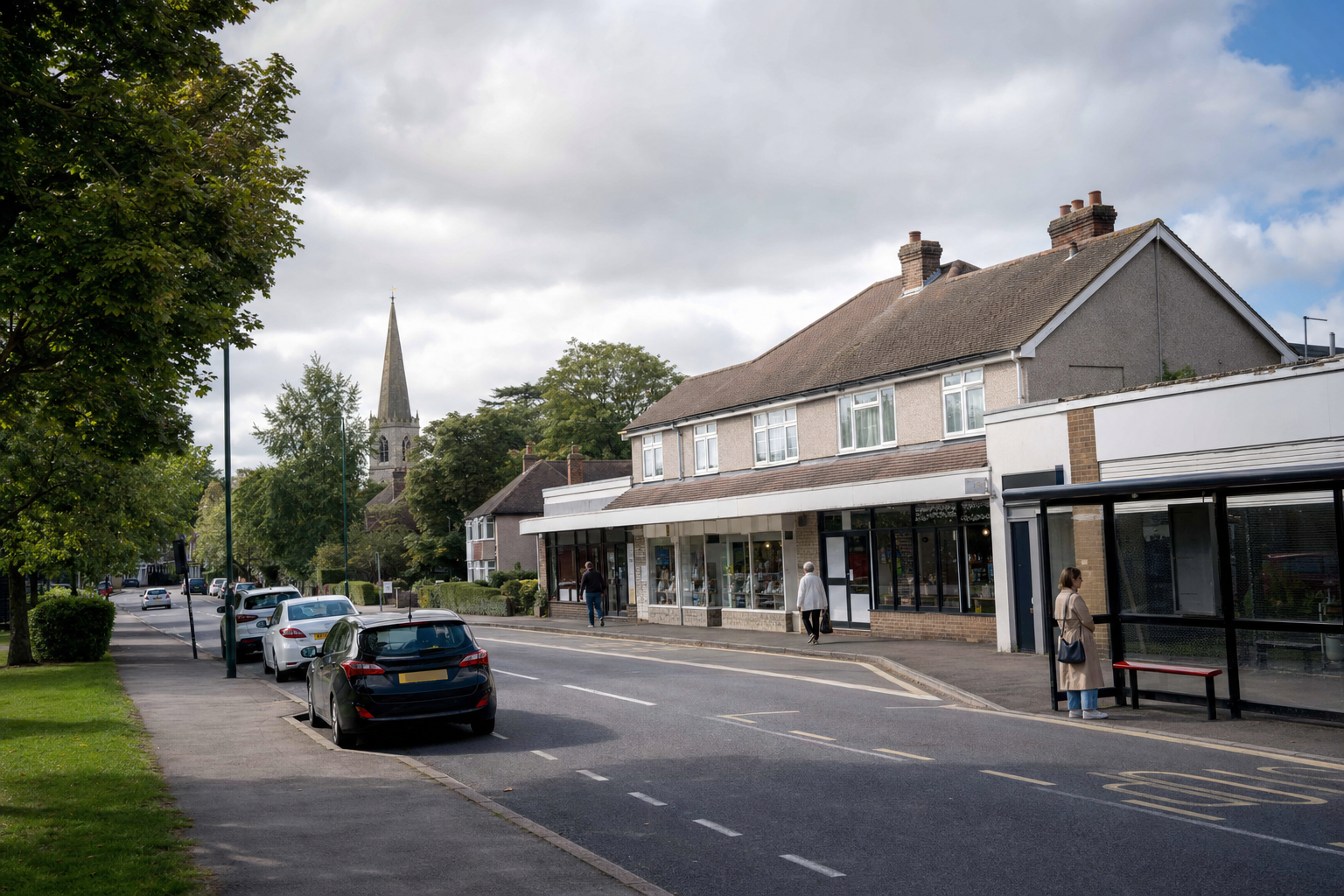 Suburban street scene with parked cars, a row of shops, a church spire in the distance, and people walking and waiting.