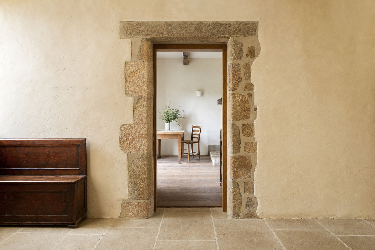 A rustic doorway with stone edging opens to a simple room featuring a wooden chair and table adorned with a vase of flowers.
