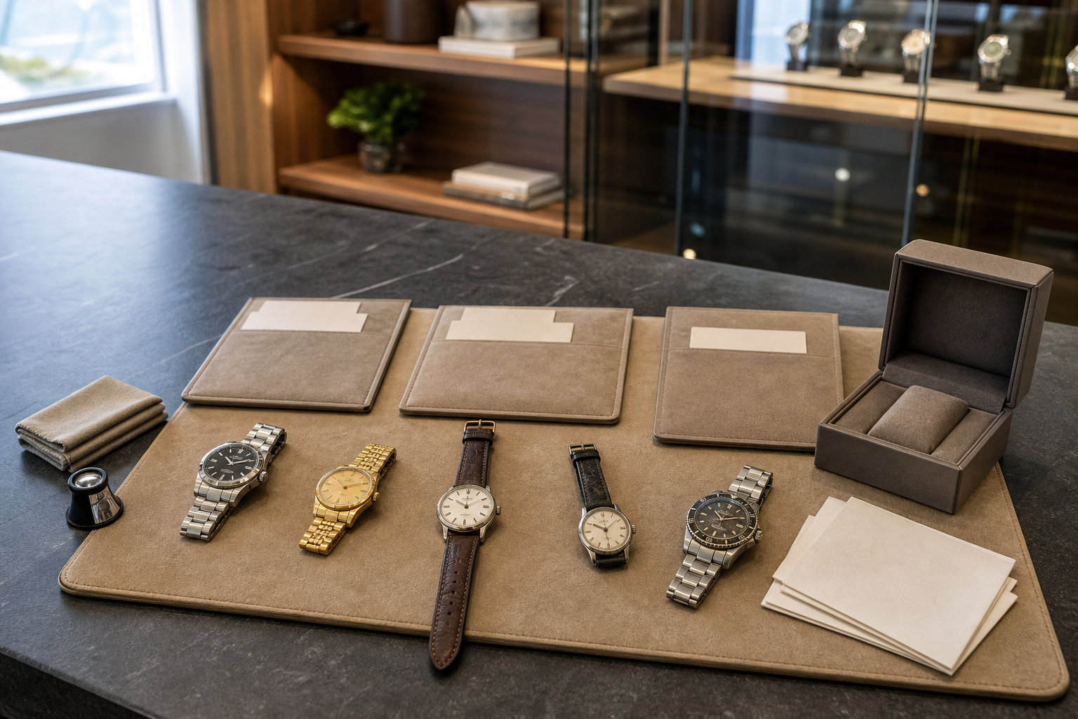 Five wristwatches are neatly displayed on a countertop with envelopes and a watch box nearby.