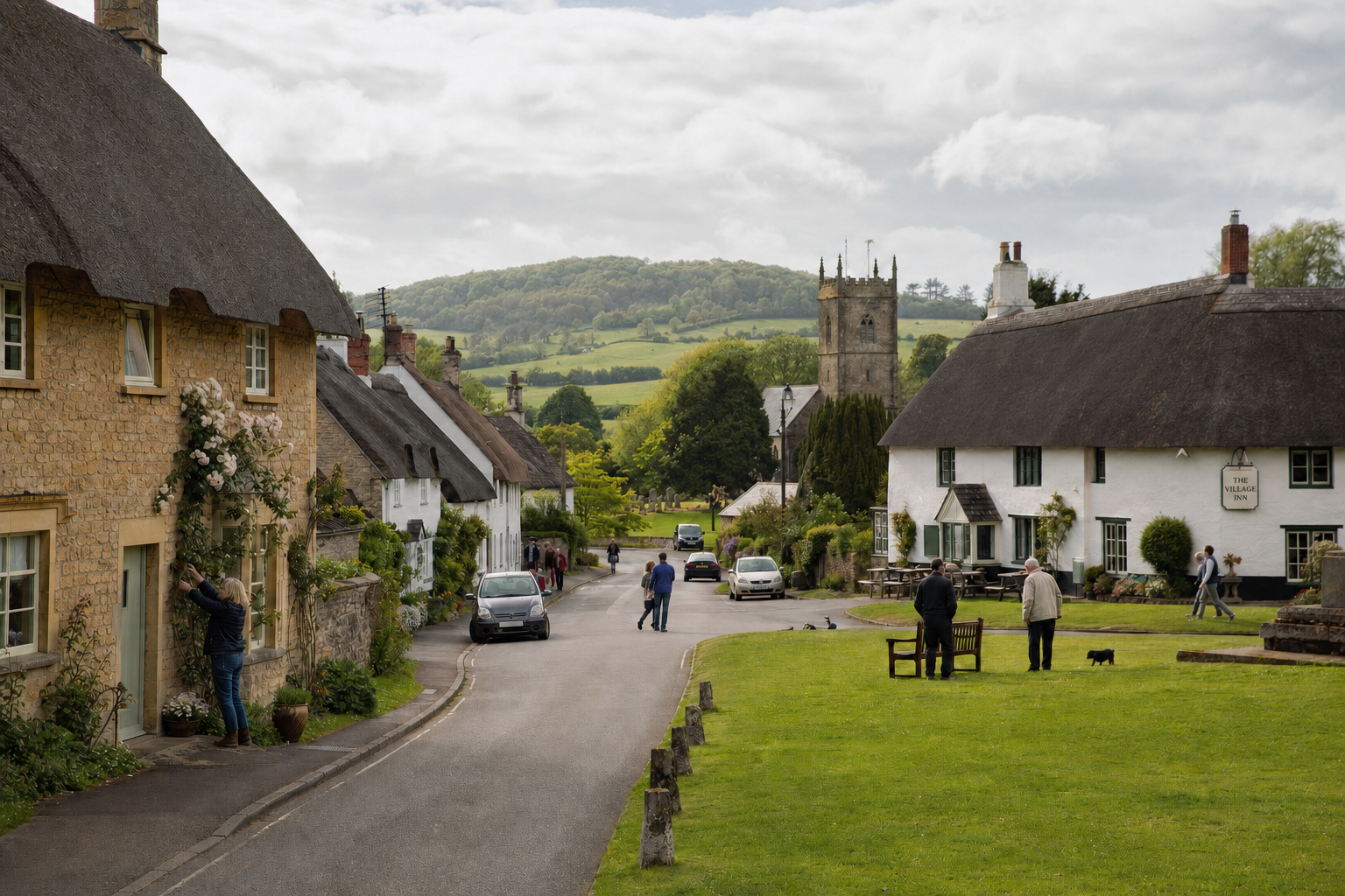 Charming village street with thatched cottages, a church, and people enjoying a stroll amid lush green hills.