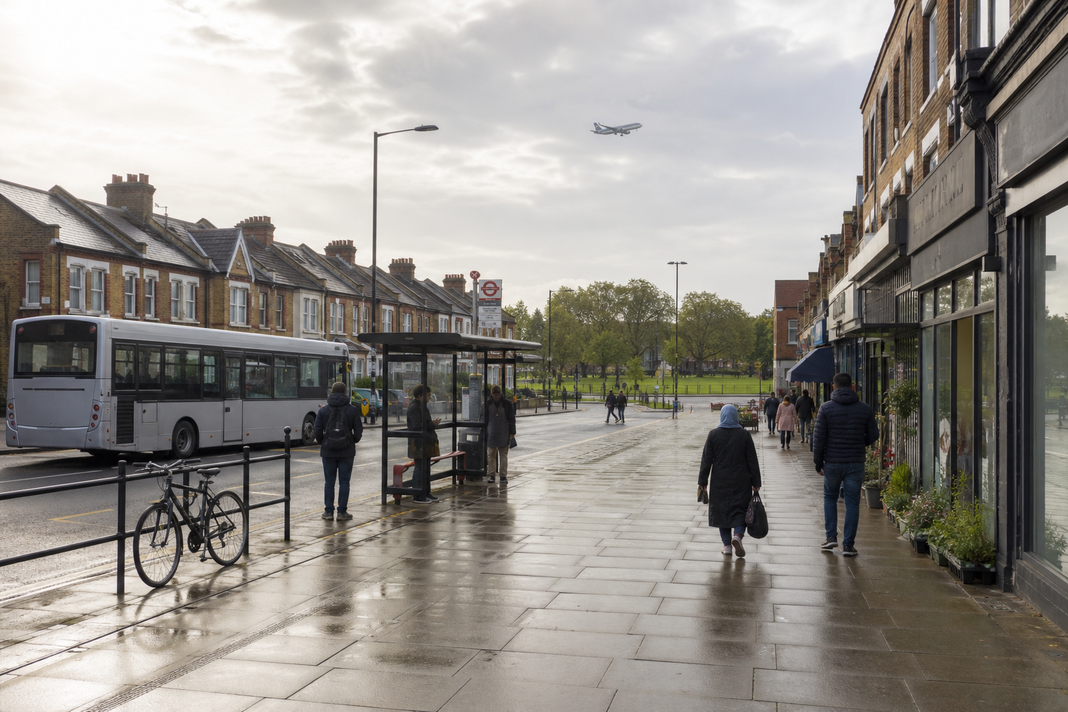 Street scene with people walking, a parked bus, a bicycle, and an airplane flying overhead.