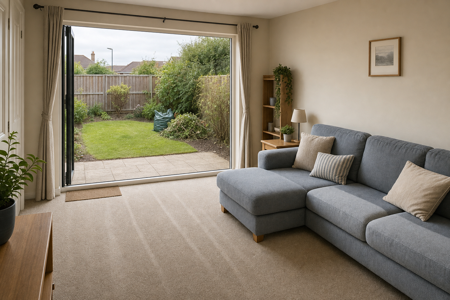 Living room with an open patio door, revealing a garden view, and a blue sofa adorned with cushions.