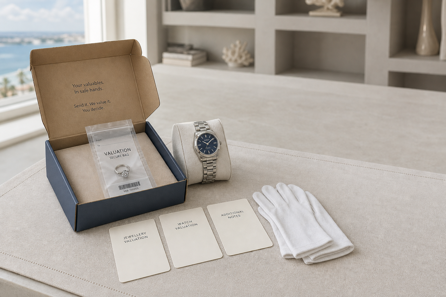 A watch, ring, valuation cards, and white gloves are displayed on a table beside an open box.