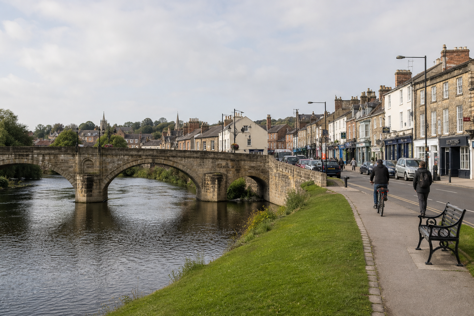 Stone bridge over a river with cyclists and pedestrians on a street lined with historic buildings and shops.