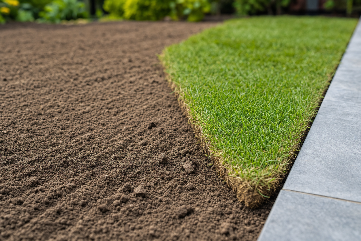 Freshly laid turf next to tiling on a garden pathway, with a border of bare soil.