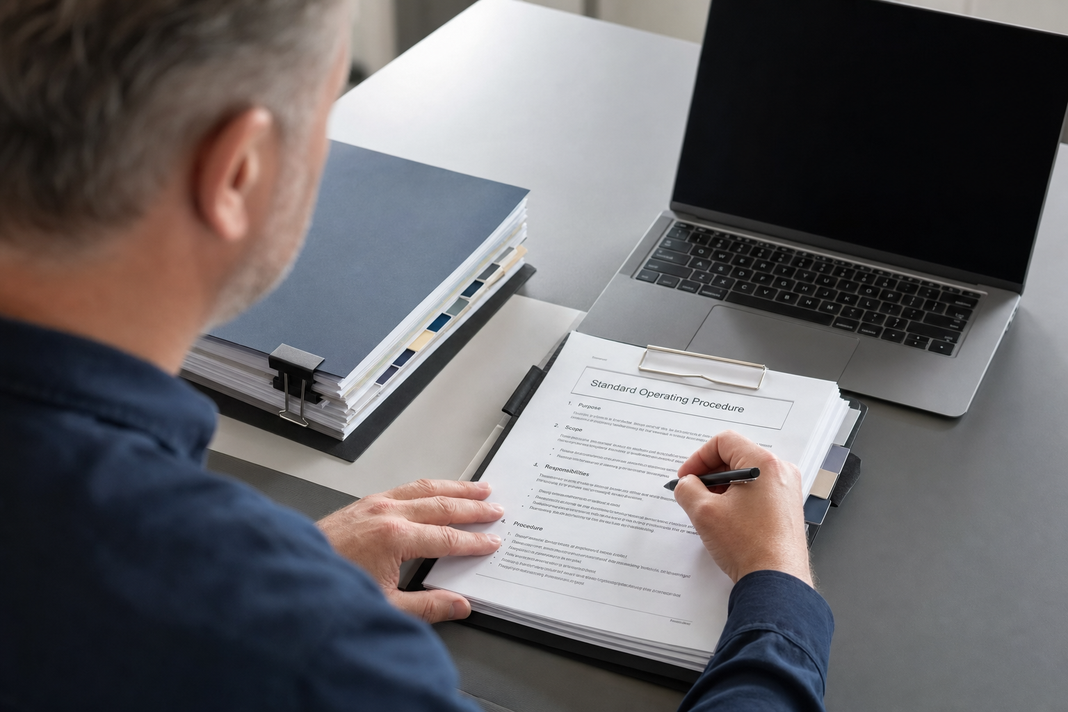 Person reviewing a document titled "Standard Operating Procedure" at a desk with a laptop and folders nearby.