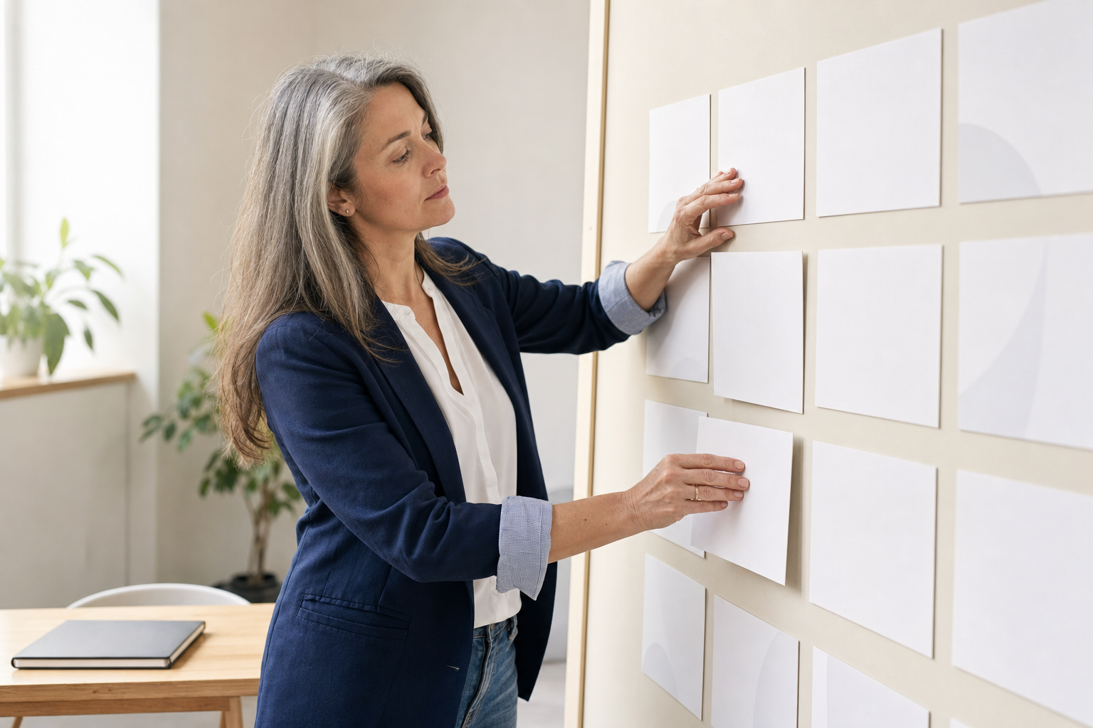 Woman in a blue blazer arranging papers on a wall in an office setting.
