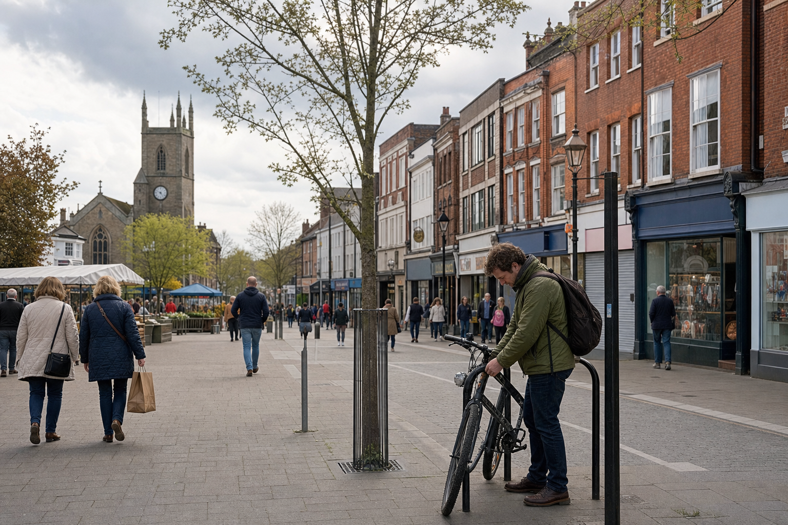 A man locks his bicycle on a bustling high street with a church in the background.