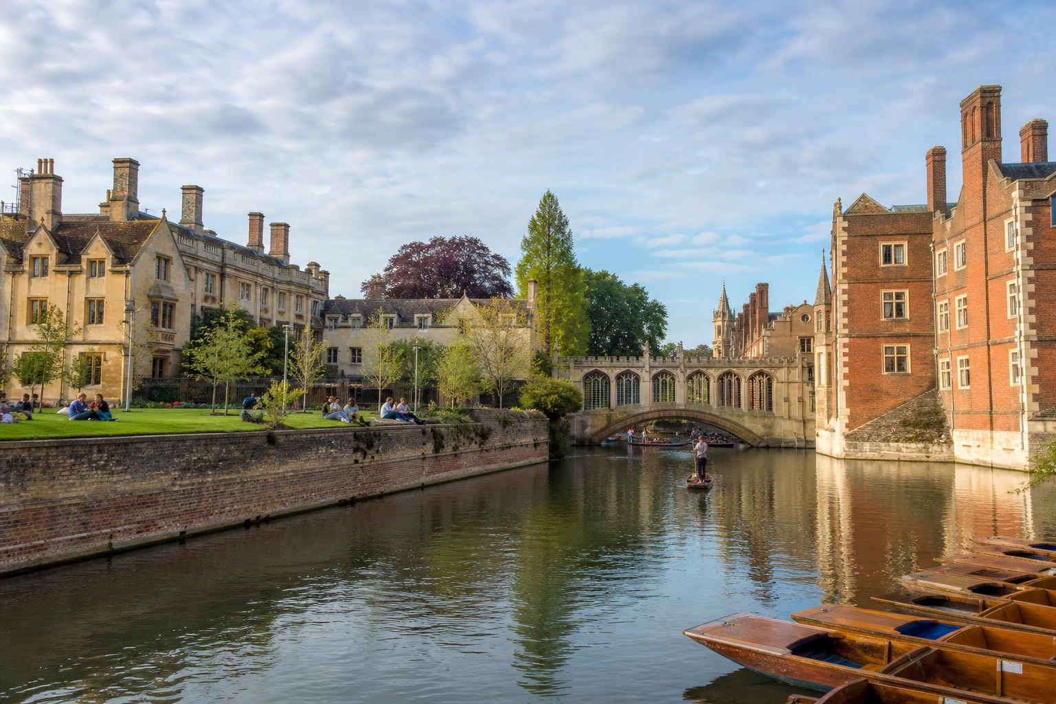 A serene river scene with people punting and relaxing by historic buildings and a bridge.