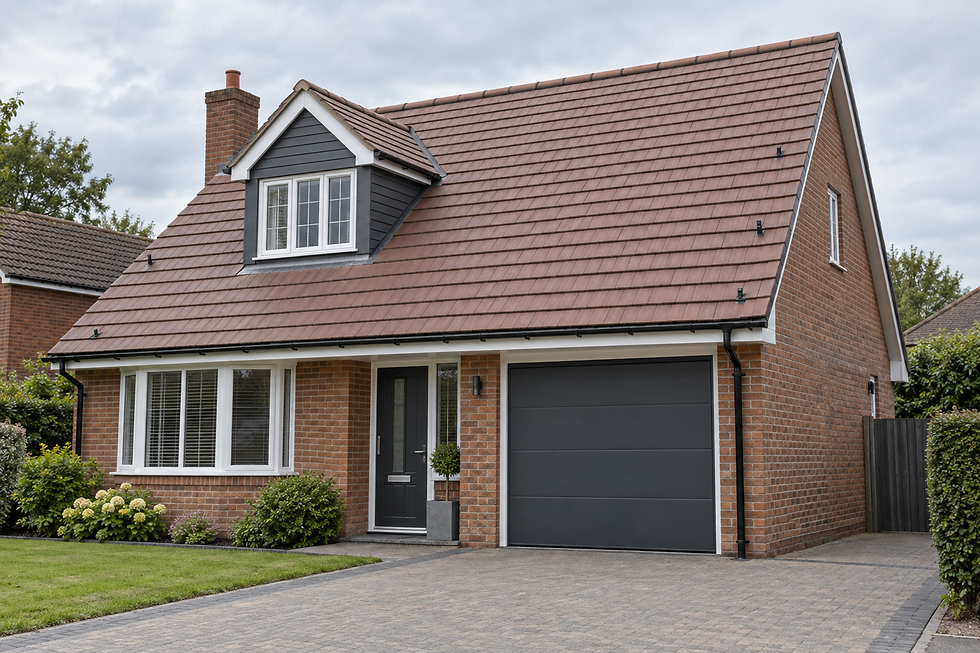 A modern detached brick house with a tiled roof, garage, and neatly landscaped garden.