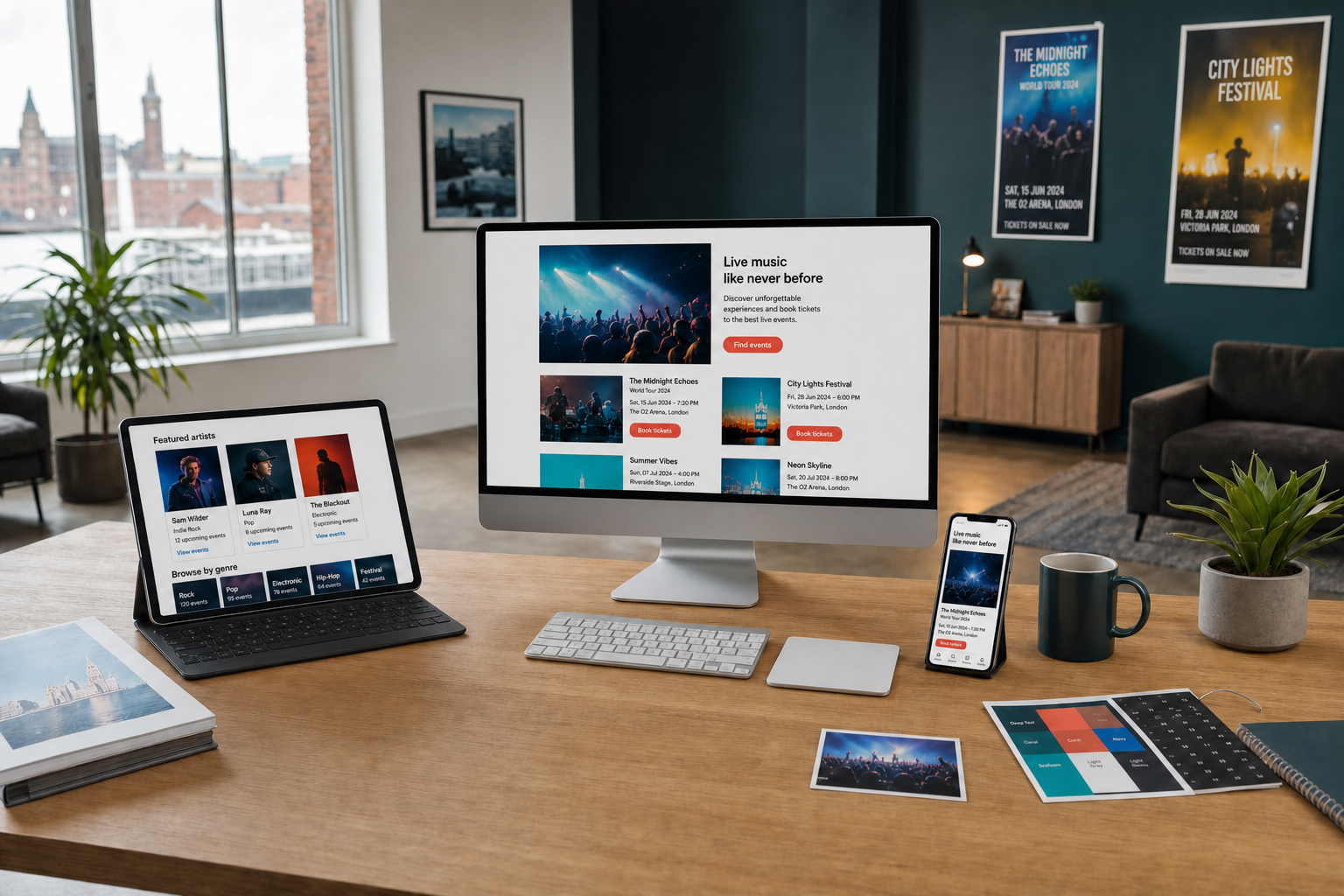 A modern office space featuring a computer, tablet, and smartphone displaying a website for live music events.